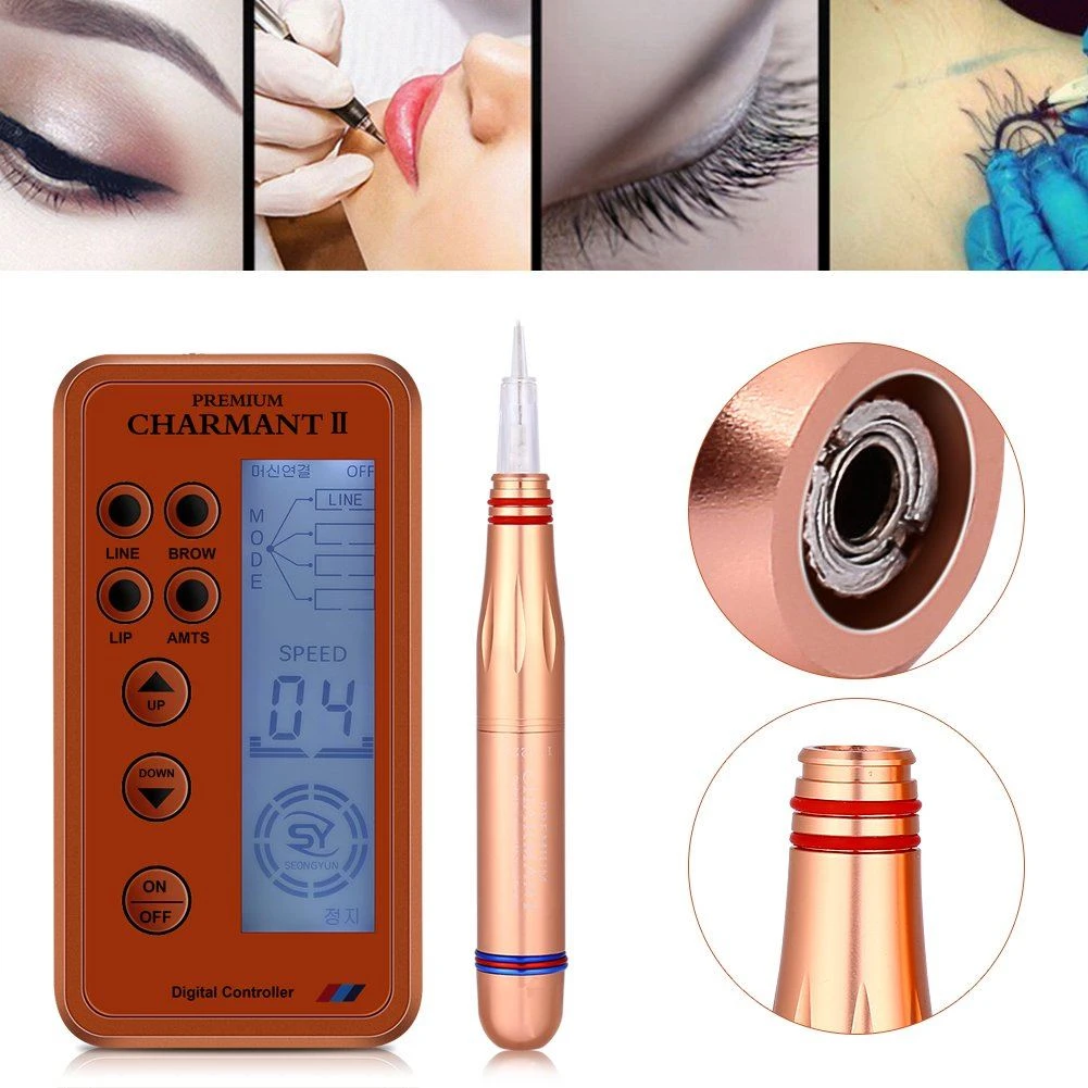 Eyebrow Lip Eyeliner Tattoo Pen Makeup Tattoo Machine with 6 Types Needle and LCD Display, Teaching CD(Orange)